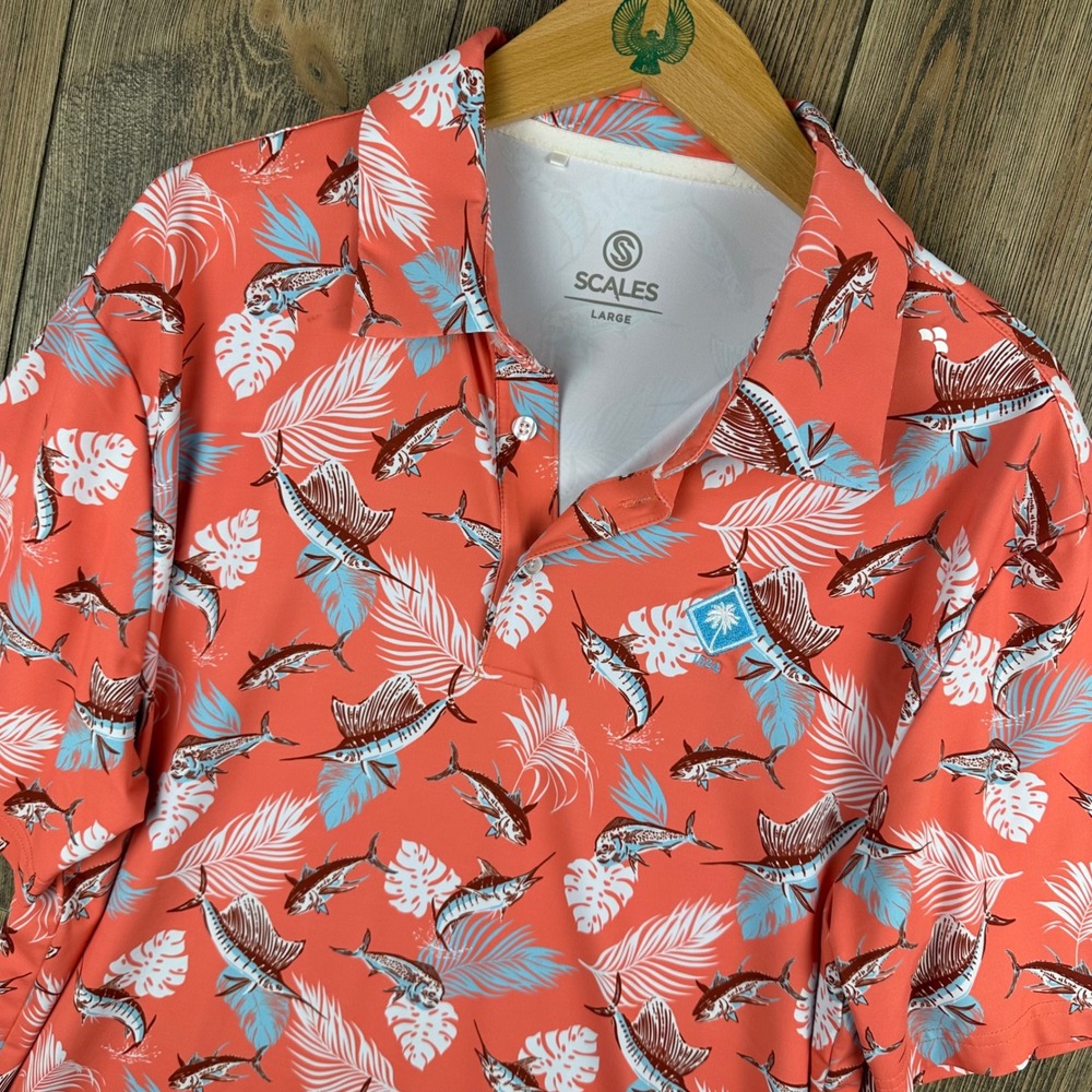 Scales Gear Mens Large Coral Marlin Fishing Performance Polo Shirt Bradenton CC